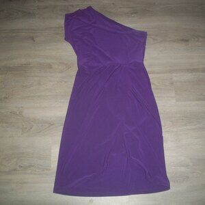 womens one shoulder dress. purple tulip hem. wrap look. Size 4. small